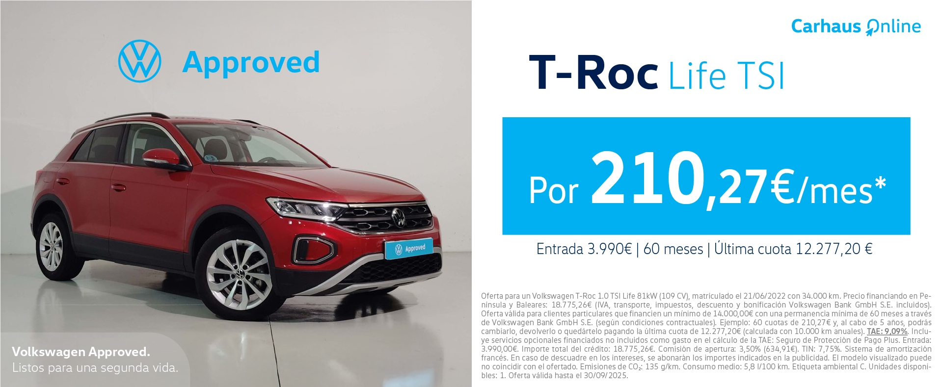 ¡Ocasión! T-Roc Life por sólo 210,27€/mes